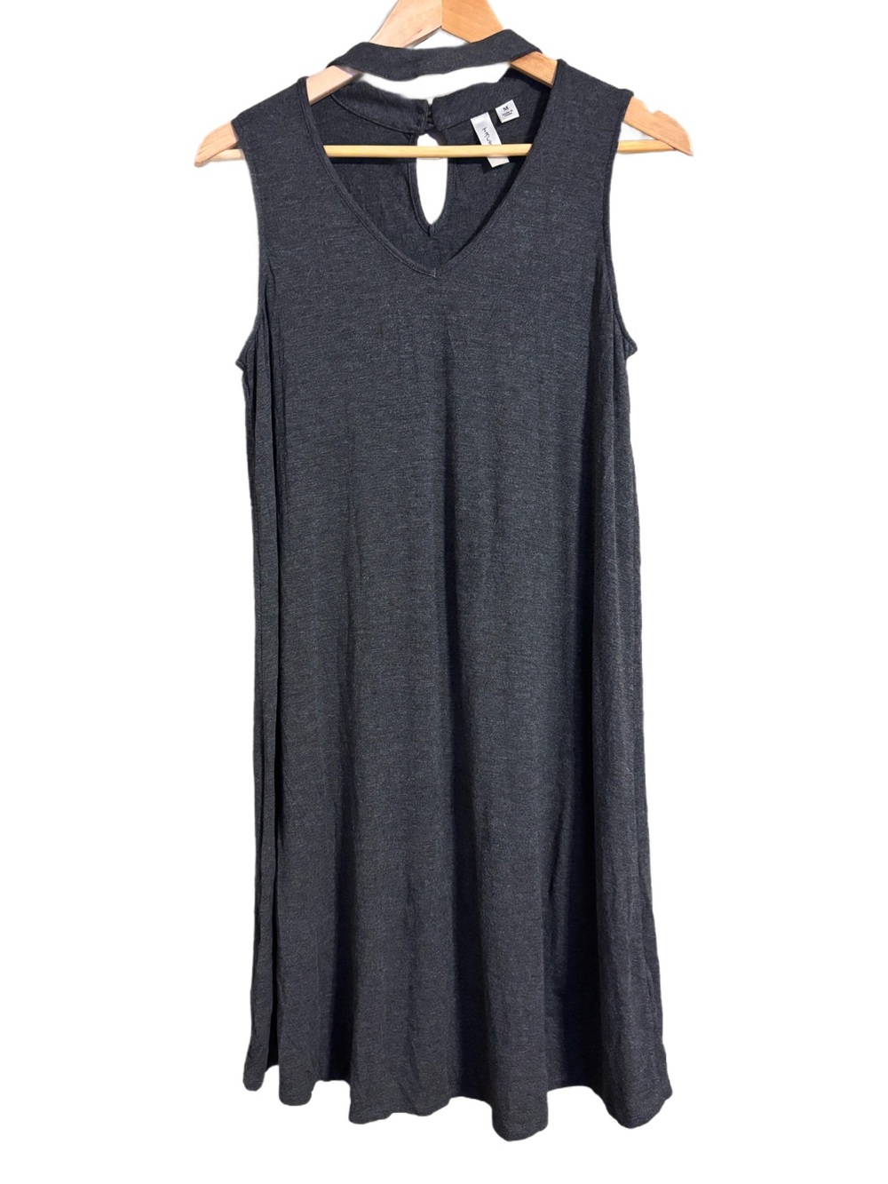 Cotton Charcoal Sleeveless V-Neck and Choker Neck Swing Dress w/ Keyhole Back M